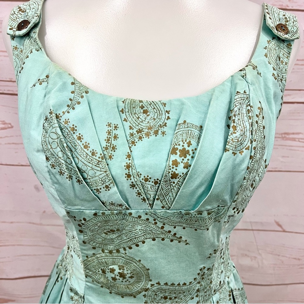 Vintage Alfred Shaheen Hawaiian Seafoam Gold Metallic Paisley Bombshell Dress - Picture 11 of 17